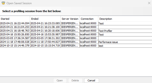 Open saved Session Screen